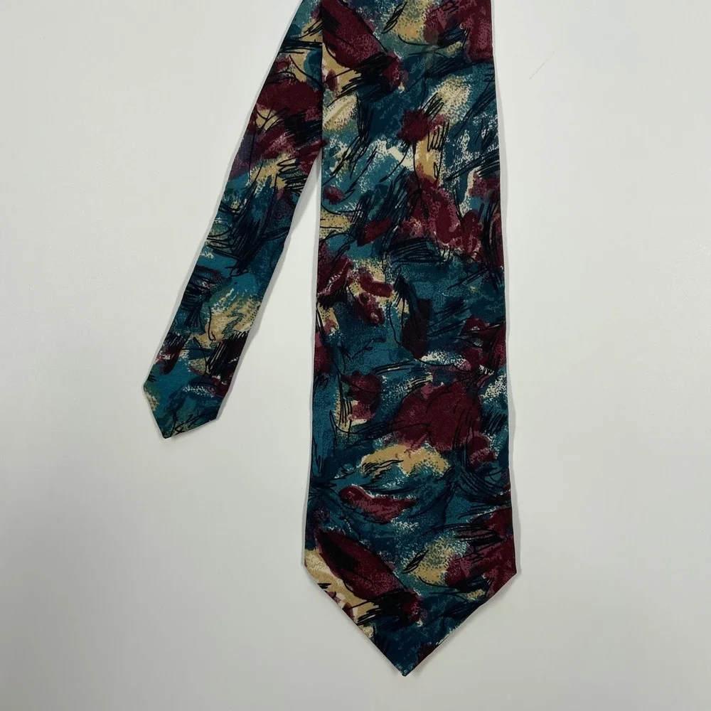Geoffrey Beene Teal Burgundy Abstract Silk Necktie Mens OS